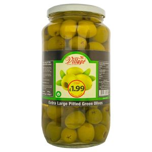 VILLAGE PITTED E/LARGE GREEN OLIVES 907G