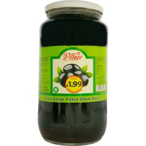 VILLAGE PITTED E/LARGE BLACK OLIVES 907G